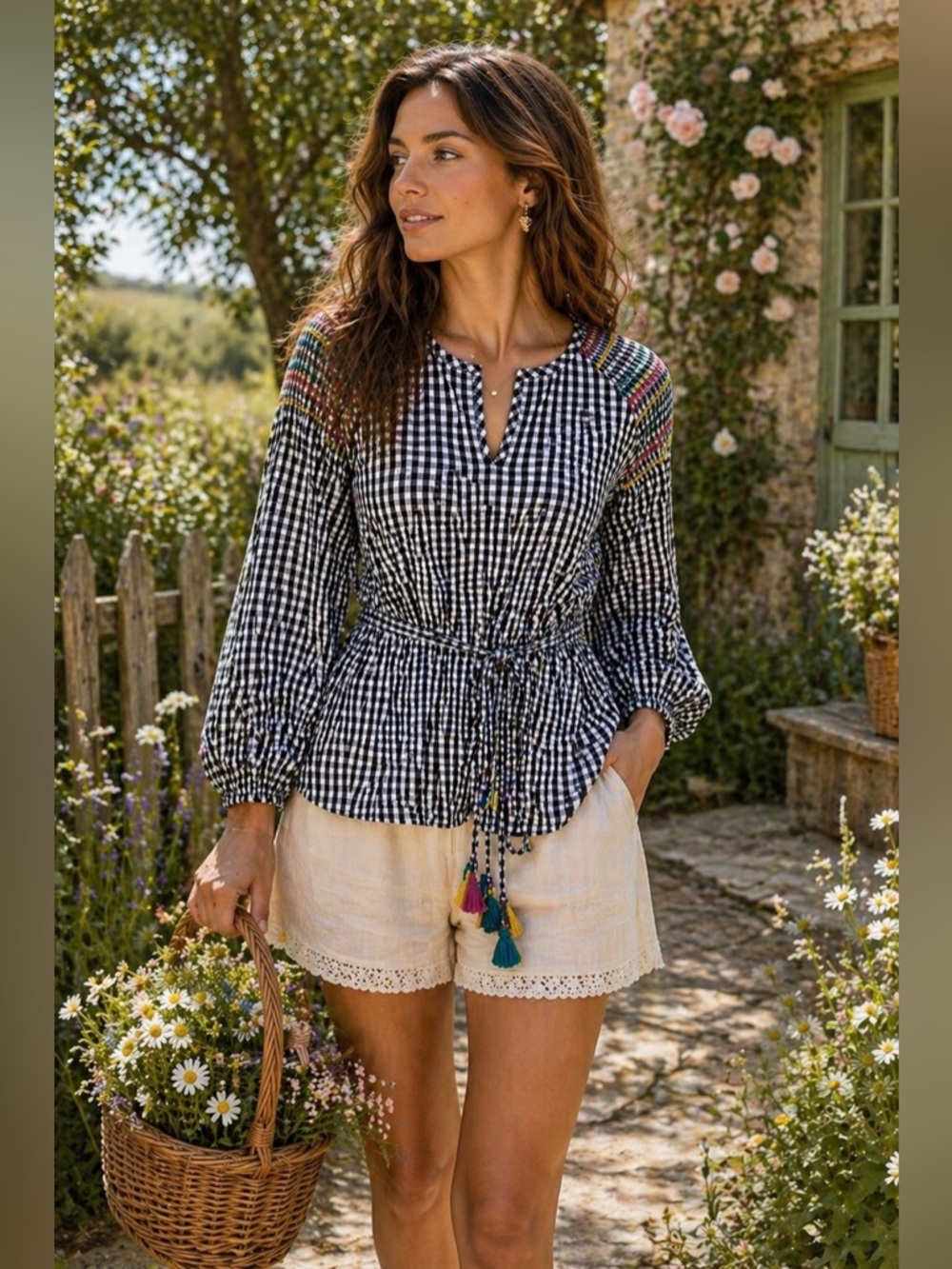 Madewell Black & White Gingham Check Smocked Long Sleeve Shirt with Belt Sash XS